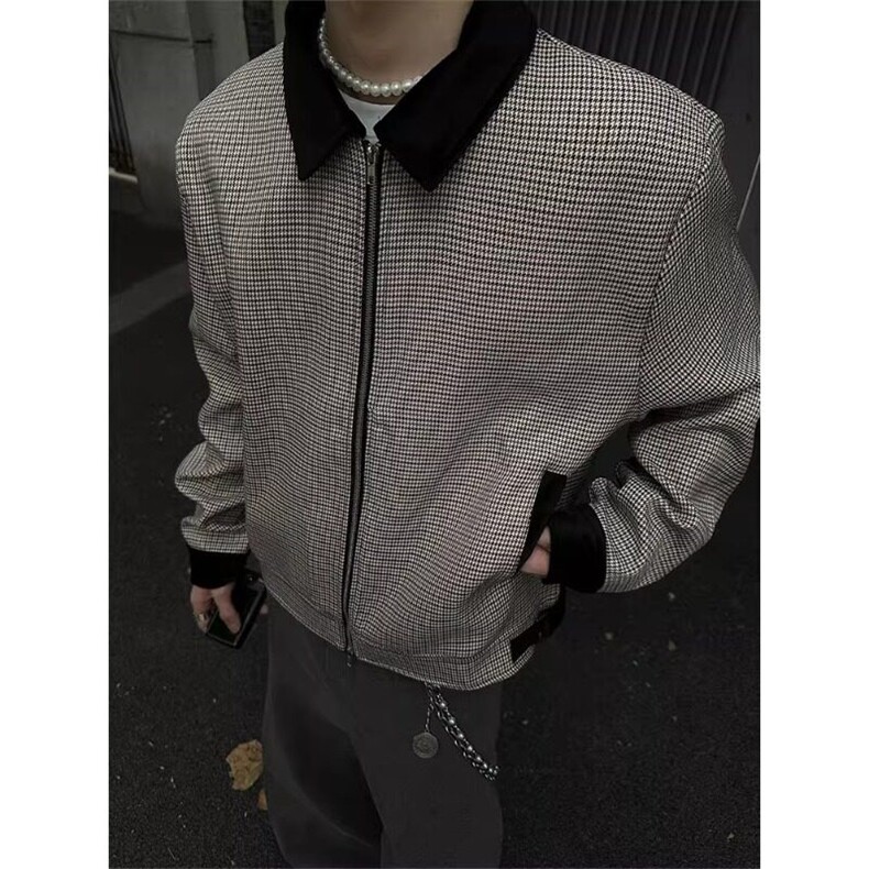 美式拼色千鸟格外套设计高级感双拉链翻领夹克JK9328特P68,男装夹克,星座908-1