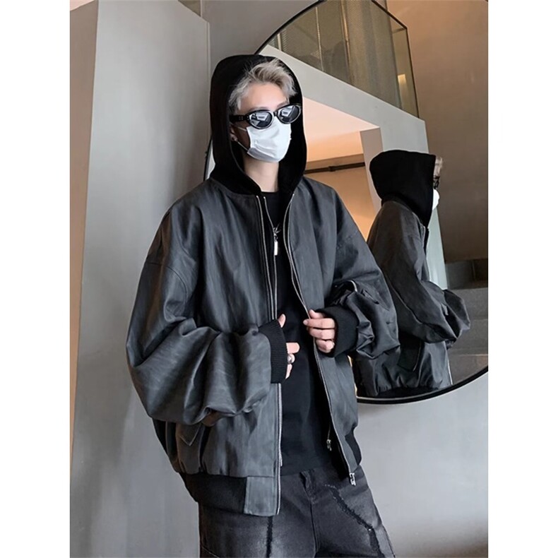 设计美式复古棒球服男春季宽松休闲短款连帽pu皮纹理夹克外套潮流,男装夹克,星座1013-1