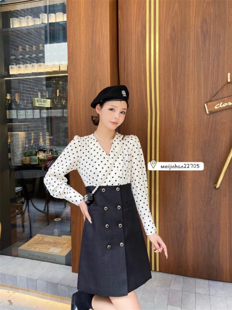 假两件波点连衣裙，女装连衣裙，美巾涵