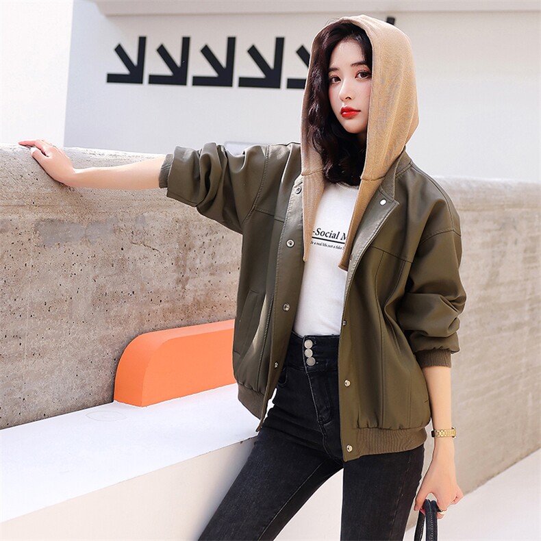可拆卸连帽皮衣外套女2025春新款小个子洋气休闲机车夹克妈妈上衣,女装皮衣,文熹诺
