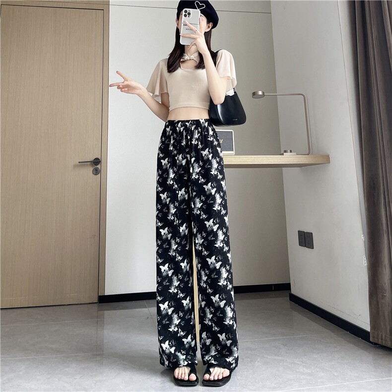 松紧高腰水墨画宽松休闲裤女2024夏季薄款垂感直筒防晒阔腿裤,女装休闲裤,梦白服饰厂