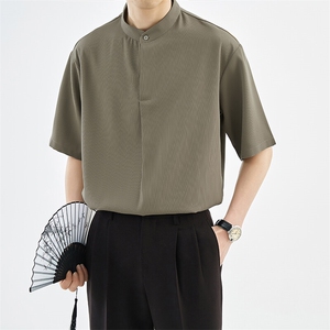 抖音夏季男士七分袖纯色冰丝衬衫男宽松衬衣A236-0855-P55图片