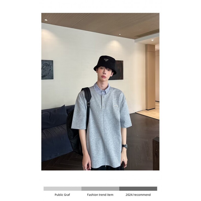 网络图现货！条纹翻领拼接假两件POLO衫潮牌半袖T恤R6807-P50,男装T恤,星座1005-6