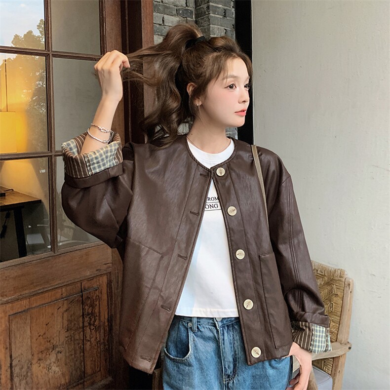 现货拼接皮衣2519P145控218,女装短外套,2C201