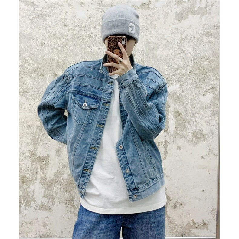 复古高街做旧牛仔外套春秋慵懒风情侣宽松休闲夹克上衣~NY2578，男装工装外套，星座601-1