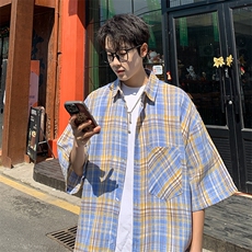 短袖衬衫男夏季新款磨毛格子衬衣DX716-特批26无差价，男装衬衫，星座214-3