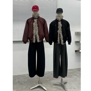 现货重磅硬挺boxy羽绒棉衣座山雕大毛毛领洗水麂皮棉服冬外套图片