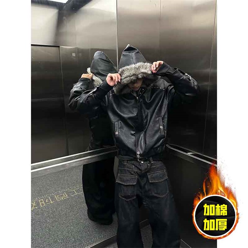 现货冬季美式潮牌痞帅PU皮机车服棉衣毛毛绒狼王座山雕皮棉服,男装棉衣,电商A443