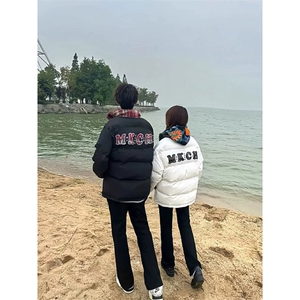 1506-1/M7001图/P92美式复古格子拼接羽绒棉服男女立领棉衣外套图片