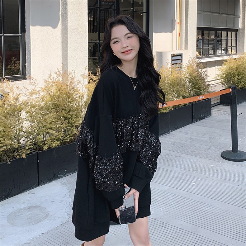 春季新款拼接亮片宽松卫衣连衣裙时尚显瘦百搭女装外套,女装短外套,秀美人生