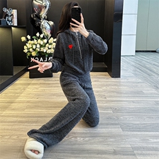 春新款女灰色条纹连帽开衫卫衣直筒裤两件套，女装套装/套裙，江南