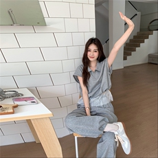 灰色休闲蕾丝拼接卫衣套装女夏季新款超火一整套减龄阔腿裤两件套，女装套装/套裙，2C258