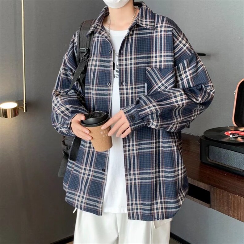 长袖衬衫男港风日系格子衬衫K001P38图片
