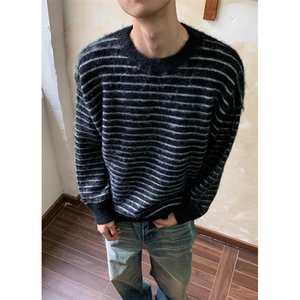秋冬季慵懒撞色条纹软糯毛衣男女中性百搭圆领针织衫 MY9592图片