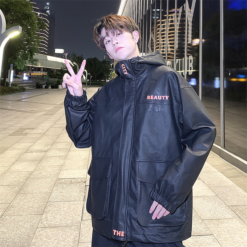 港风大口袋连帽皮夹克男秋冬百搭简约外套A090-JK76P115限138,男装夹克,电商A089-1