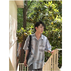 日系条纹短袖衬衫男士宽松百搭帅气休闲衬衣外套C5014，男装衬衫，星座1116A（原606A-3）