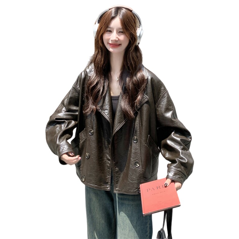 高级感复古港风咖色皮衣短外套女春秋2025新款小个子PU夹克巨好看,女装皮衣,2C177
