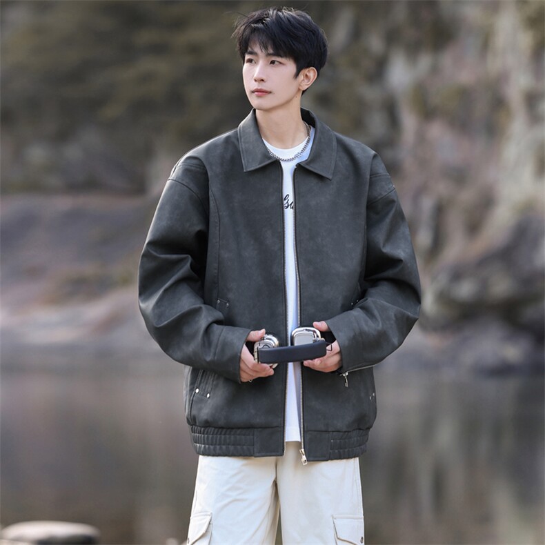 美式潮牌纯色夹克外套宽松情侣高级感机车皮衣A406JK3518特P85,男装夹克,星座309（原A406）