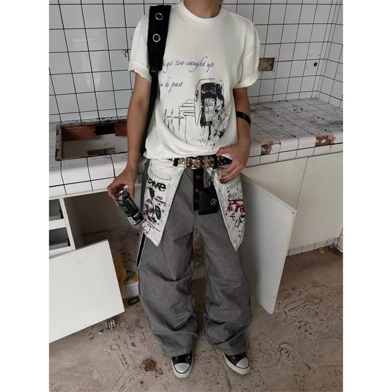 美式复古反穿口袋设计拼接牛仔裤印花男女款通勤小众百搭拖地长裤,男装牛仔裤,星座506A