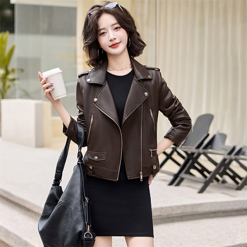 现货韩版修身皮衣外套女短款2024年秋新款仿真绵羊皮女士皮夹克，女装皮衣，美拉德工厂直营店