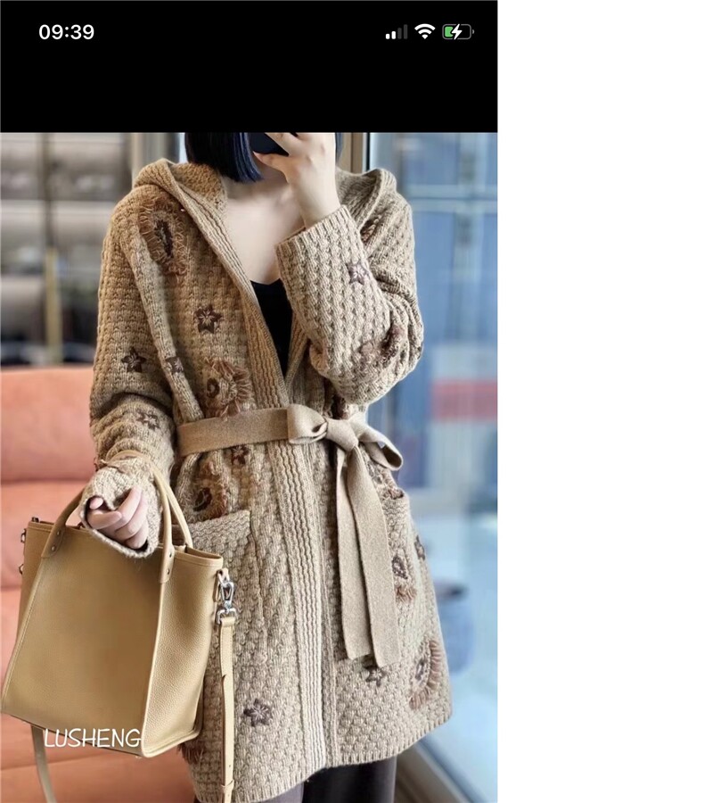 外套女秋冬2024年新款加厚针织35%羊绒重工手工编织大衣，女装羊绒大衣，以美红杉羊绒