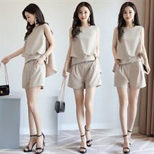 无袖纯色气质修身显瘦圆领韩版2022年夏季套装/套裙短裤，女装套装/套裙，时尚俏佳人