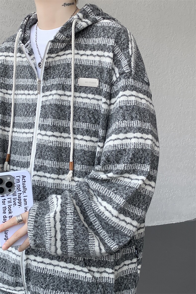 8XL-M潮情侣美式磨毛编织条纹针织衫卫衣宽松拉链外套WY30P88,男装针织衫/毛衣,电商D206-1