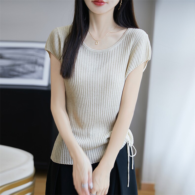 亚麻+莱赛尔天丝小飞袖圆领针织短袖t恤女抽绳三分袖坑条新款上衣,针织衫/毛衣,朝思羊绒