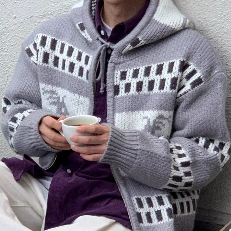 冬季毛衣男情侣拉链衫撞色提花针织衫日系潮牌开衫外套,男装针织衫/毛衣,星座218-8