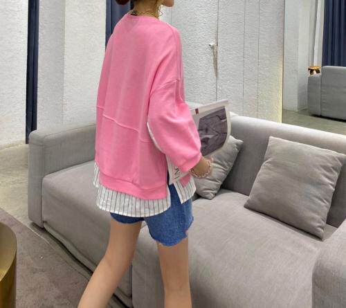 【现货】夏季新款针织衬衫拼接七分袖圆领卫衣，女装衬衫，微迪菲