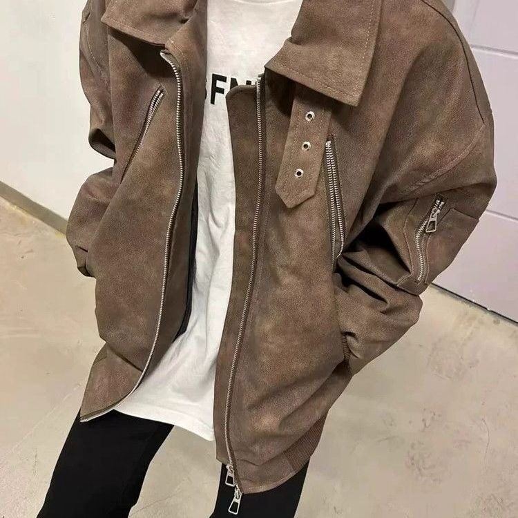 733-P60美拉德棕色PU皮机车外套男春秋美式vintage多拉链,男装工装外套,电商B323A