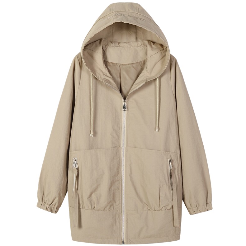 大码女装连帽风衣外套女春秋新款中年妈妈韩版宽松显瘦开春上衣，女装风衣，依万里