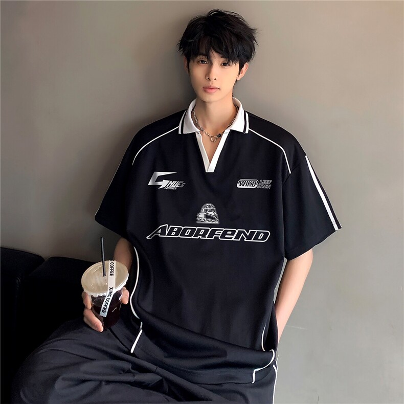 翻领小V领滚条时尚男女同款百搭休闲美式复古高级短袖T恤T271-P38，男装Polo衫，电商C307