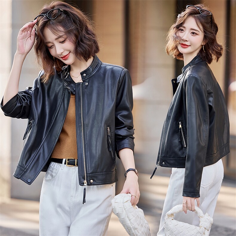 时髦炸街小皮衣外套女短款2025春秋新款复古立领机车款皮夹克上衣，女装皮衣，缘衣格