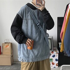 秋冬港风假两件卫衣拼牛仔连帽夹克外套休闲宽松情侣学生H201/P70，男装夹克，钱塘713