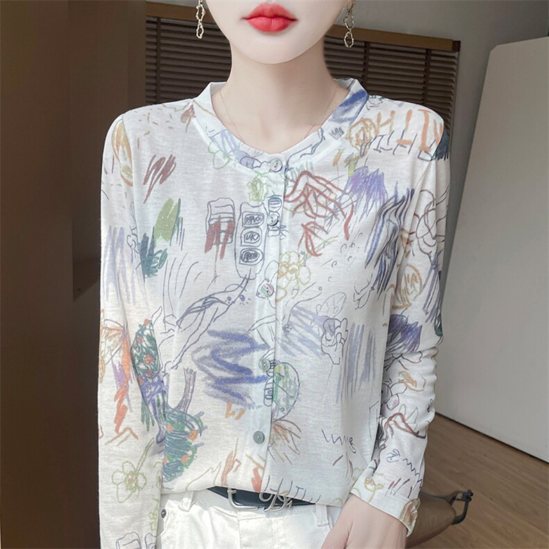 法式水墨印花针织开衫女长袖防晒衣2025新款印花时尚冰丝薄外套衫,针织衫/毛衣,朝贺羊绒