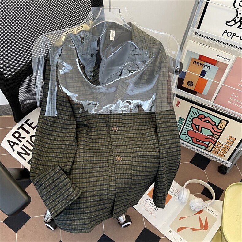 日系复古格纹西服男女生宽松小众设计小西装春休闲外套X018-P60,男装西服,星座308B-1