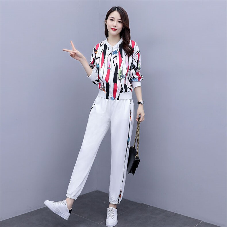 2021秋款时尚潮流休闲花色套装显瘦百搭长袖运动服两件套,女装套装/套裙,韩蜜菓