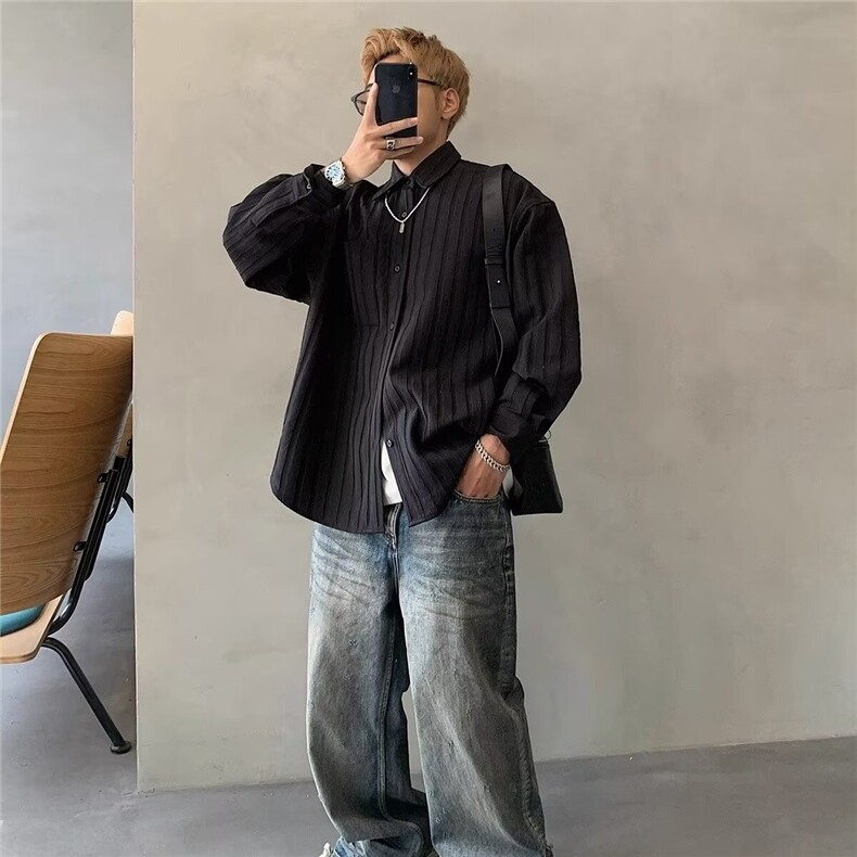 网络图新品轻熟风设计感纹理宽松长袖衬衫痞帅男衬衣外套C70-P68,男装衬衫,星座715-4