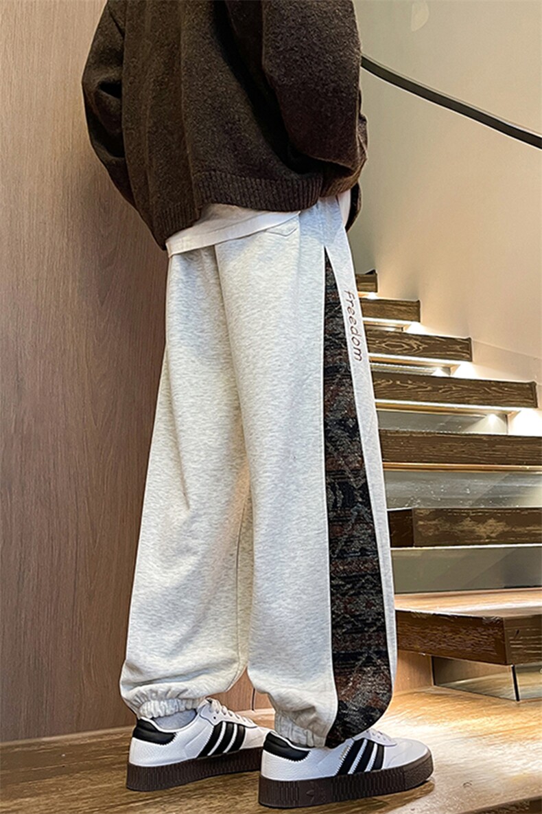 8XL-M民族拼接刺绣束脚卫裤男冬加绒加厚大码运动裤KZ024P45,男装休闲裤,电商B312