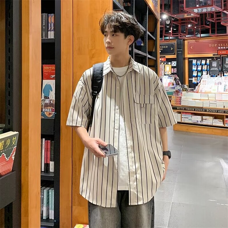 夏季男生潮流条纹短袖衬衫休闲百搭衬衣,男装衬衫,星座1013