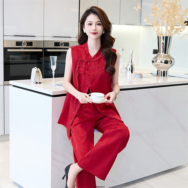 2025春新中式气质复古盘扣改良提花时尚洋气阔腿裤两件套女,女装套装/套裙,火爆靓佳人