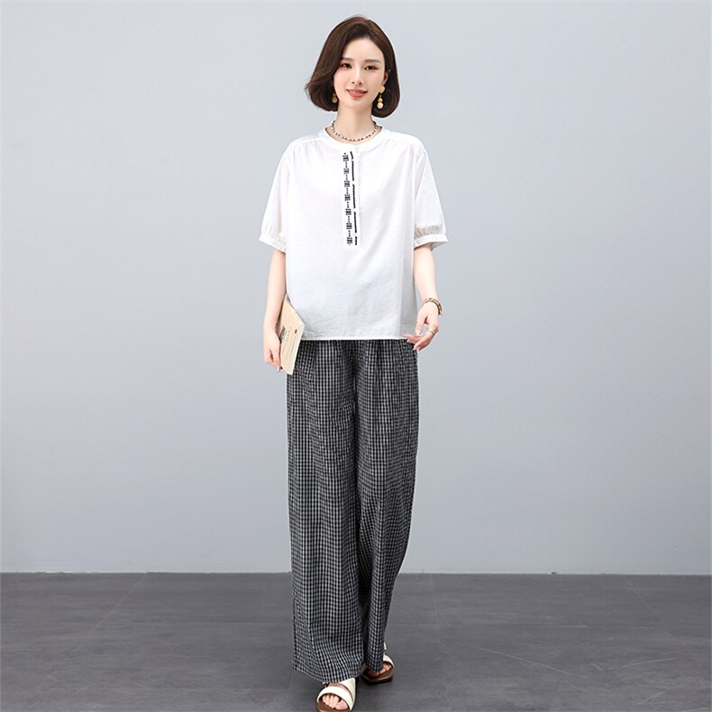 叶笙衣套装2538-133宽松刺绣T恤格子裤套装,女装套装/套裙,叶笙衣