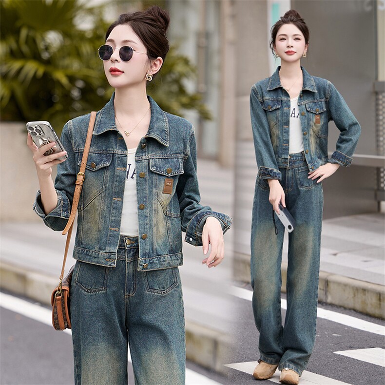 牛仔套装女春装2025新款超火开春穿搭小个子阔腿裤两件套洋气时尚图片