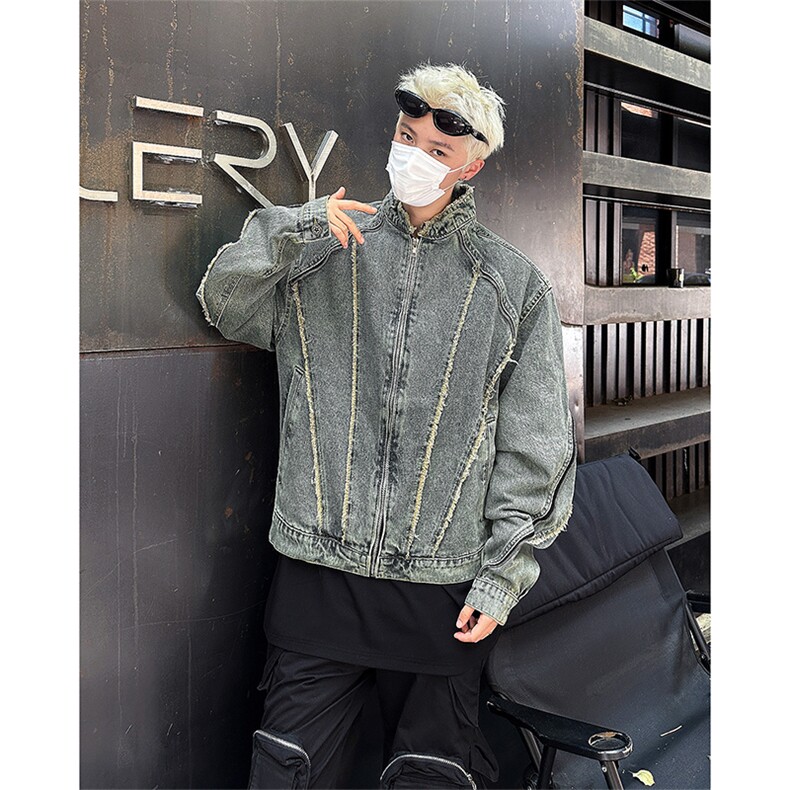 小香风做旧毛边短款牛仔外套男高级感痞帅美式潮牌立领机车服夹克,男装夹克,星座410-6（原星座1304-1）