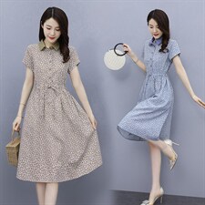2022夏季新款简约时尚优雅气质撞色翻领修身显瘦碎花连衣裙，女装连衣裙，鑫思依格