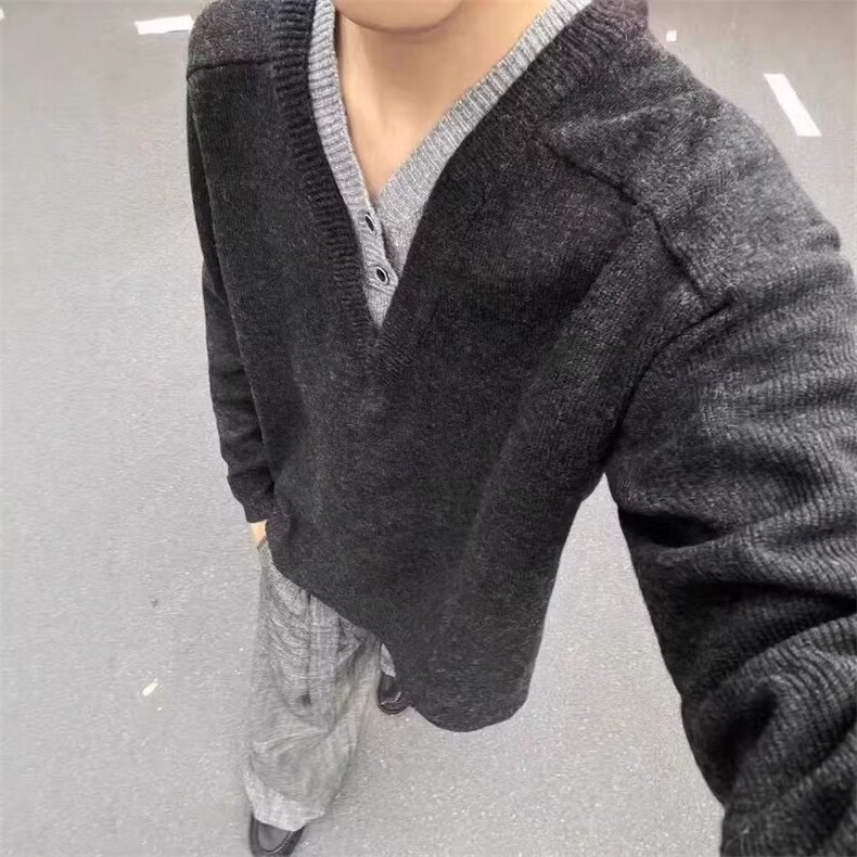 RTIMFD老钱风深V领假两件毛衣氛围感休闲纽扣多穿针织衫cleanfit,男装针织衫/毛衣,四季星座505