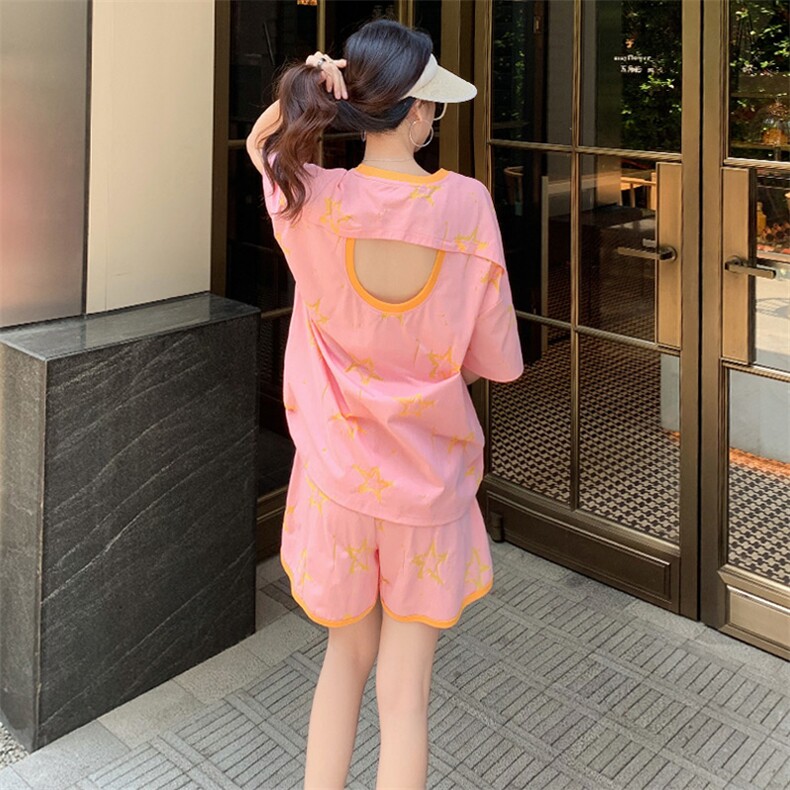 潮流时尚休闲运动套装女夏季新款印花圆领短袖上衣阔腿短裤两件套,女装套装/套裙,2C310