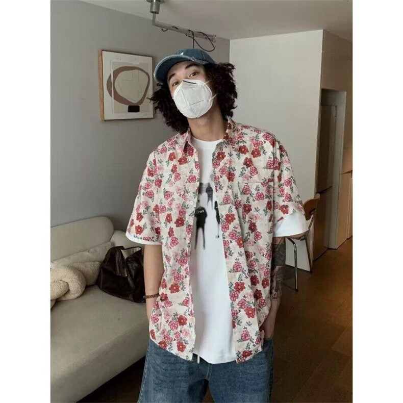 Q97/P32 夏日大码宽松花衬衫男短袖痞帅休闲上衣图片