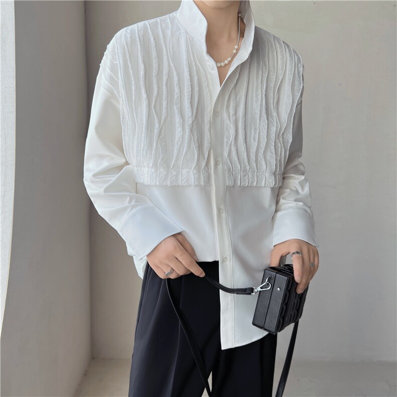 轻熟风小众抽褶条纹衬衫立领设计感衬衣演出服CY17/P35,男装衬衫,电商A243